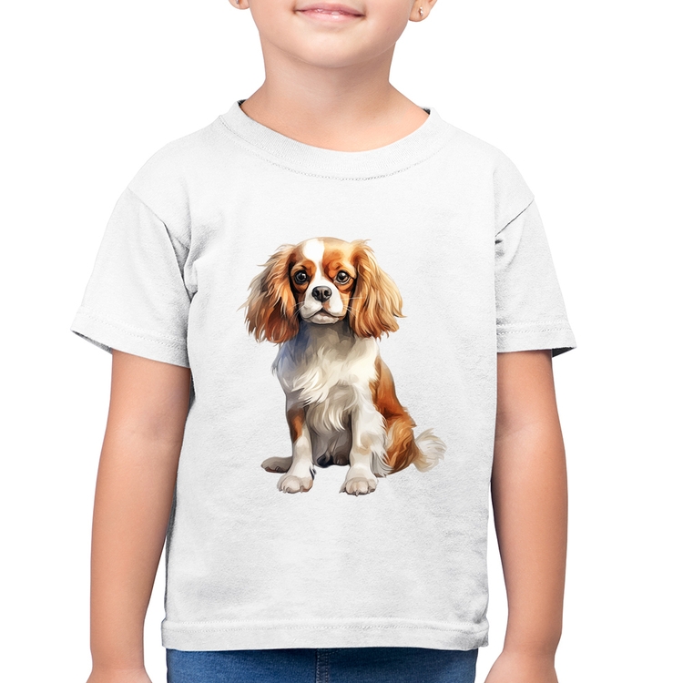 Camiseta Algodão Infantil Cachorro Cavalier King Charles Spaniel Blenheim - Branca