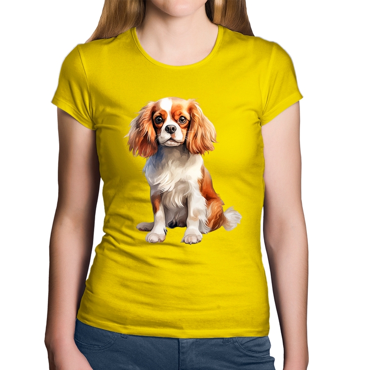 Baby Look Algodão Cachorro Cavalier King Charles Spaniel Blenheim - Amarela