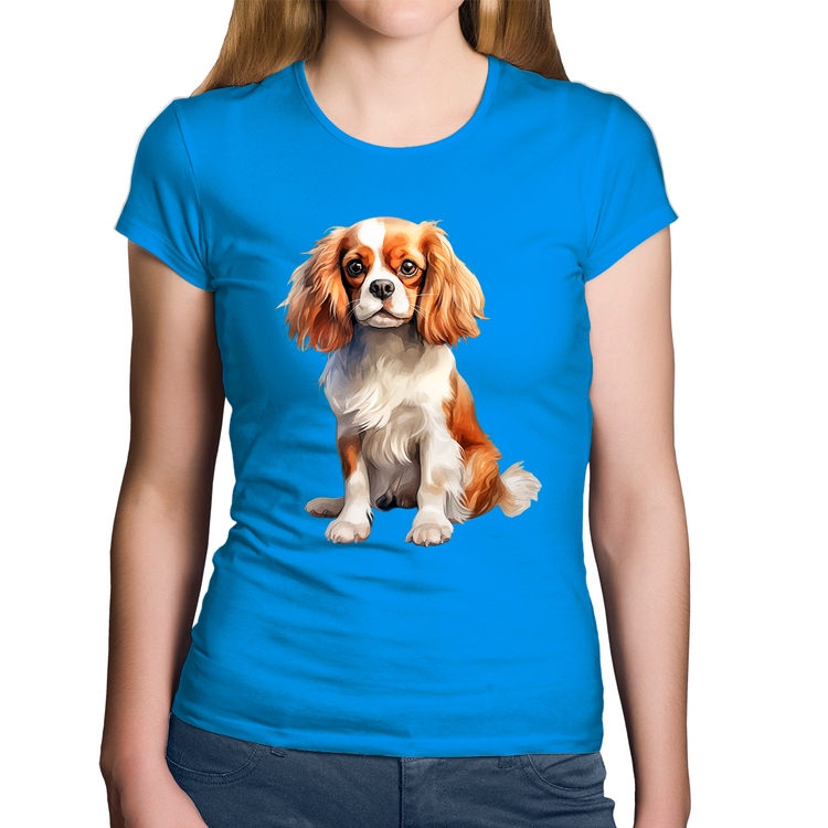 Baby Look Algodão Cachorro Cavalier King Charles Spaniel Blenheim - Azul
