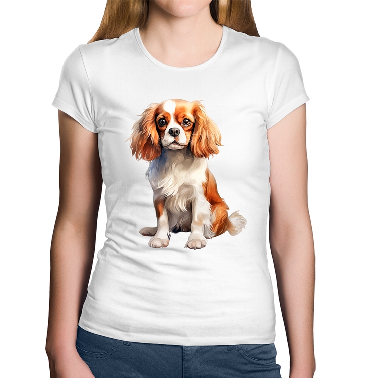 Baby Look Algodão Cachorro Cavalier King Charles Spaniel Blenheim - Branca