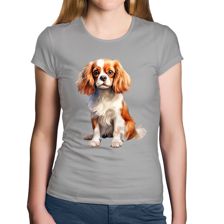 Baby Look Algodão Cachorro Cavalier King Charles Spaniel Blenheim - Cinza