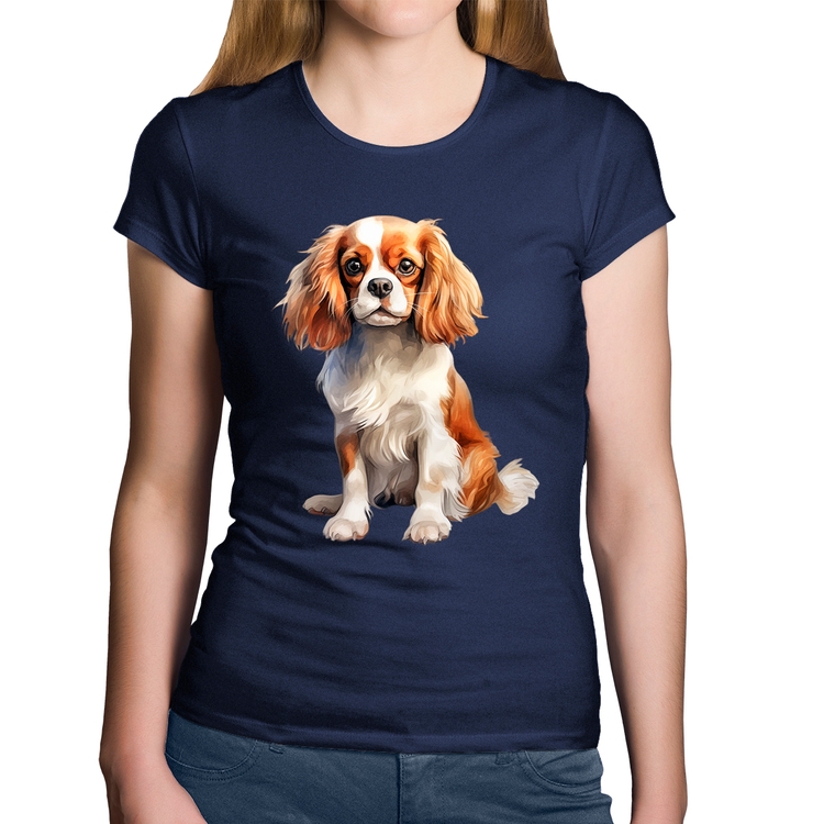 Baby Look Algodão Cachorro Cavalier King Charles Spaniel Blenheim - Marinho