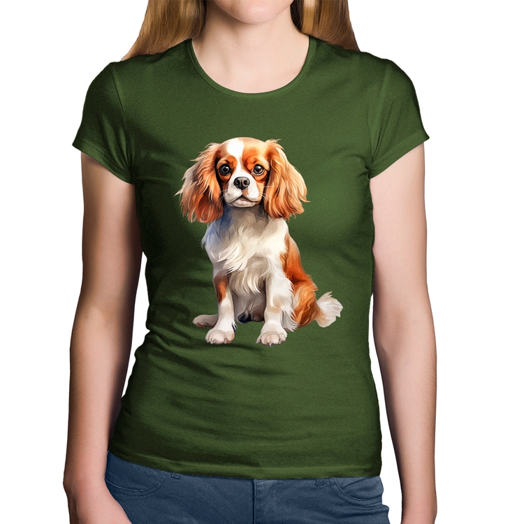 Baby Look Algodão Cachorro Cavalier King Charles Spaniel Blenheim - Musgo