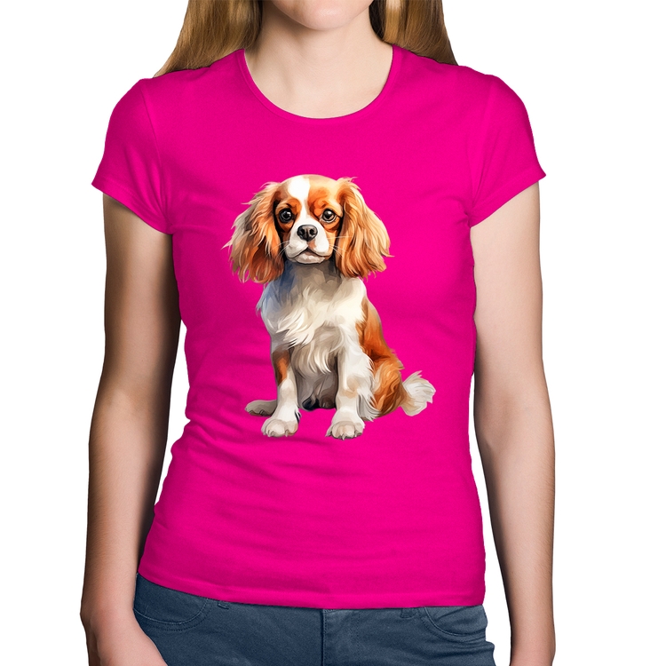Baby Look Algodão Cachorro Cavalier King Charles Spaniel Blenheim - Rosa