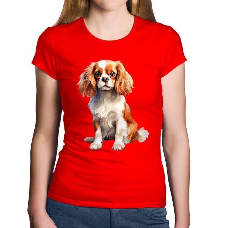 Baby Look Algodão Cachorro Cavalier King Charles Spaniel Blenheim - Vermelha