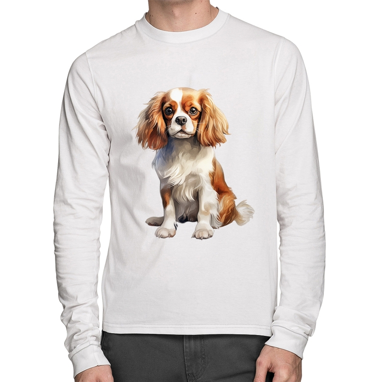 Camiseta Algodão Cachorro Cavalier King Charles Spaniel Blenheim Manga Longa - Branca