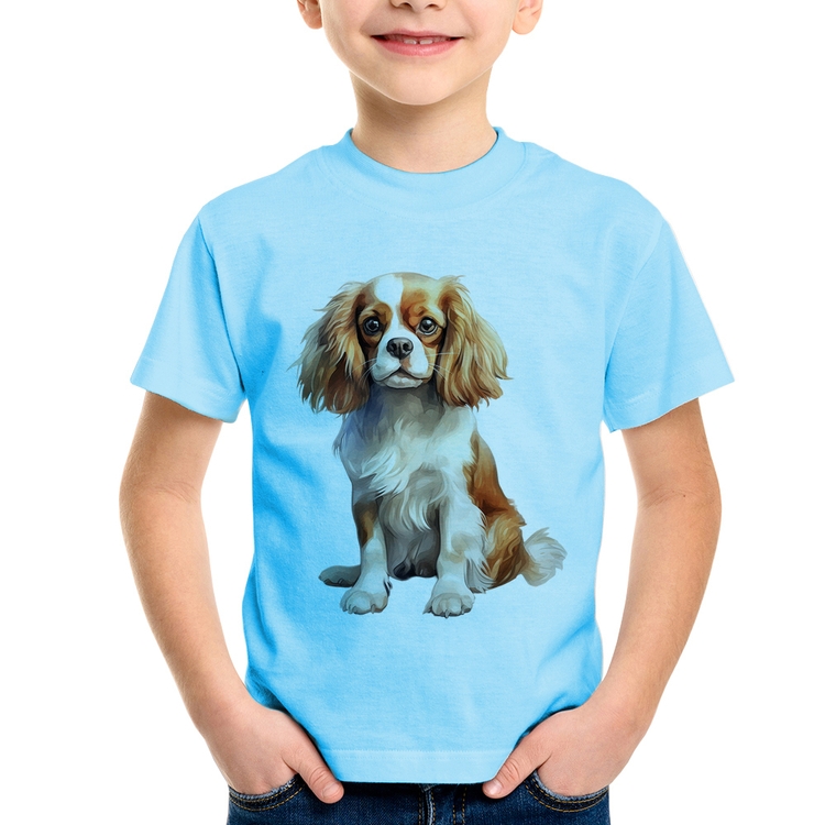 Camiseta Infantil Cachorro Cavalier King Charles Spaniel Blenheim - Azul Bebê