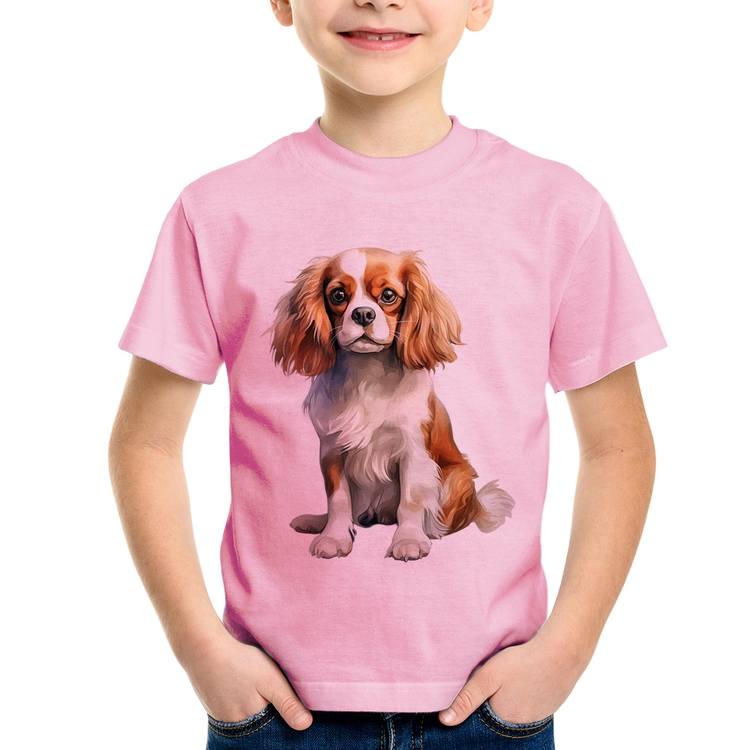 Camiseta Infantil Cachorro Cavalier King Charles Spaniel Blenheim - Rosa Bebê