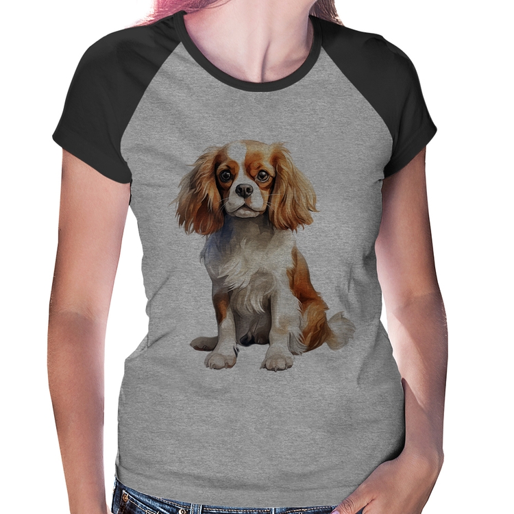 Baby Look Raglan Cachorro Cavalier King Charles Spaniel Blenheim - Cinza/Preto