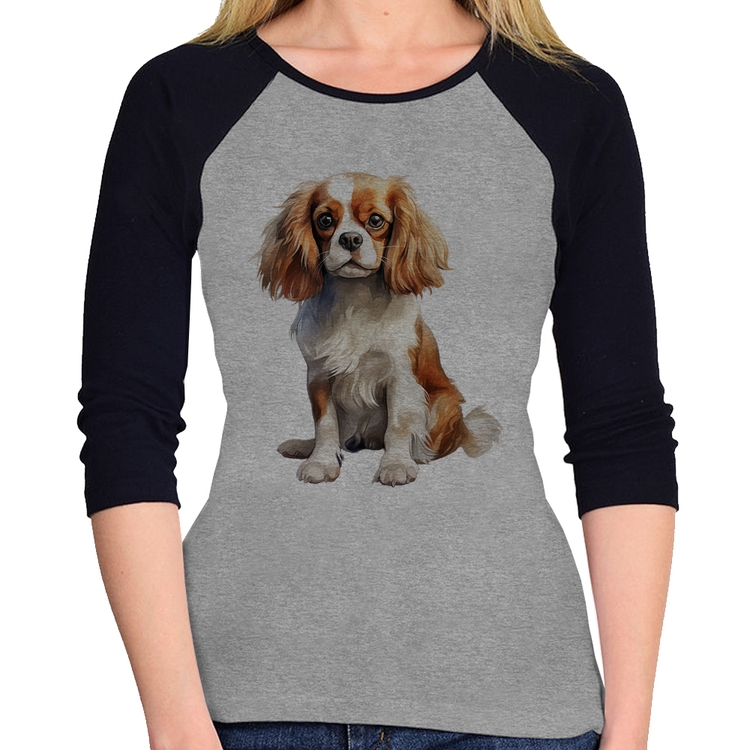 Baby Look Raglan Cachorro Cavalier King Charles Spaniel Blenheim Manga 3/4 - Cinza/Preto