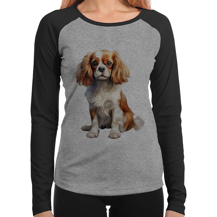 Baby Look Raglan Cachorro Cavalier King Charles Spaniel Blenheim Manga Longa - Cinza/Preto