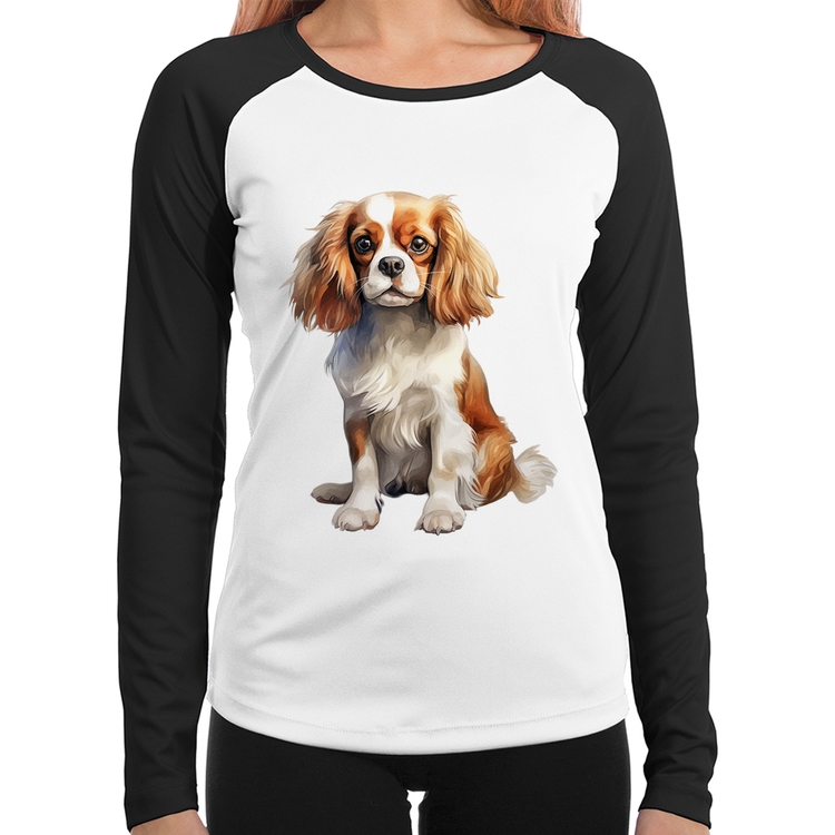 Baby Look Raglan Cachorro Cavalier King Charles Spaniel Blenheim Manga Longa