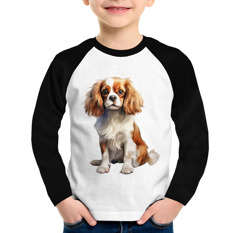 Camiseta Raglan Infantil Cachorro Cavalier King Charles Spaniel Blenheim Manga Longa