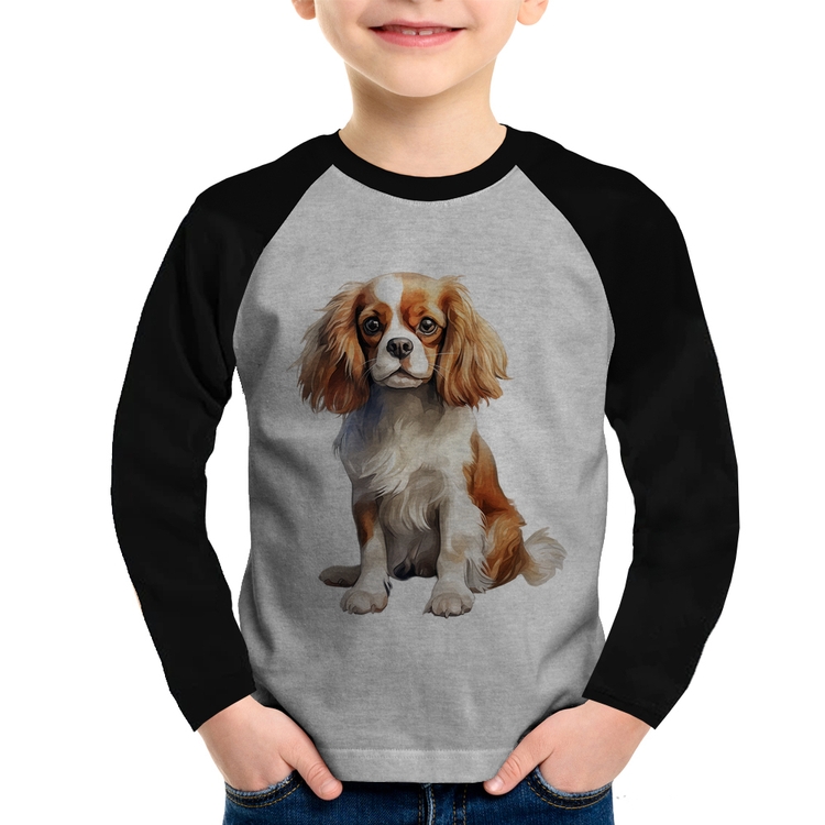 Camiseta Raglan Infantil Cachorro Cavalier King Charles Spaniel Blenheim Manga Longa - Cinza/Preto