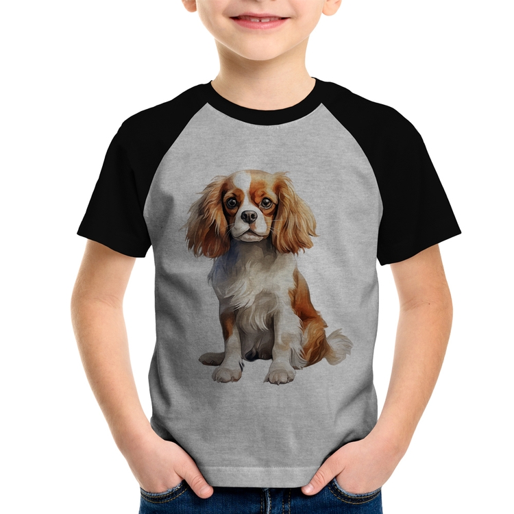 Camiseta Raglan Infantil Cachorro Cavalier King Charles Spaniel Blenheim - Cinza/Preto