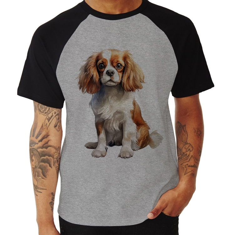 Camiseta Raglan Cachorro Cavalier King Charles Spaniel Blenheim - Cinza/Preto