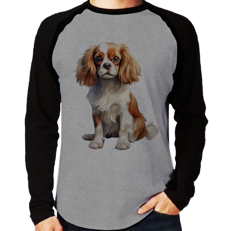 Camiseta Raglan Cachorro Cavalier King Charles Spaniel Blenheim Manga Longa - Cinza/Preto