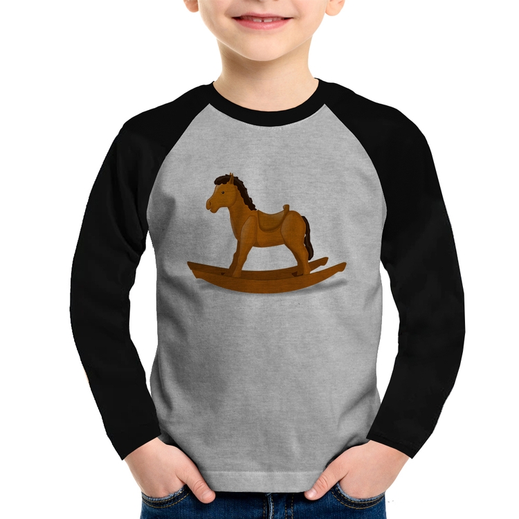 Camiseta Raglan Infantil Cavalinho De Pau Manga Longa - Cinza/Preto