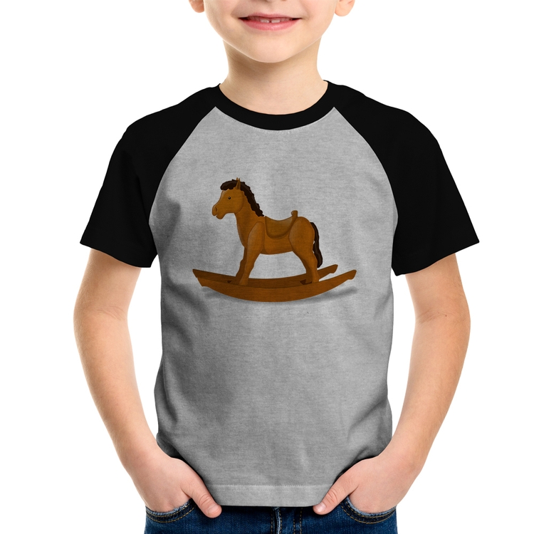 Camiseta Raglan Infantil Cavalinho De Pau - Cinza/Preto