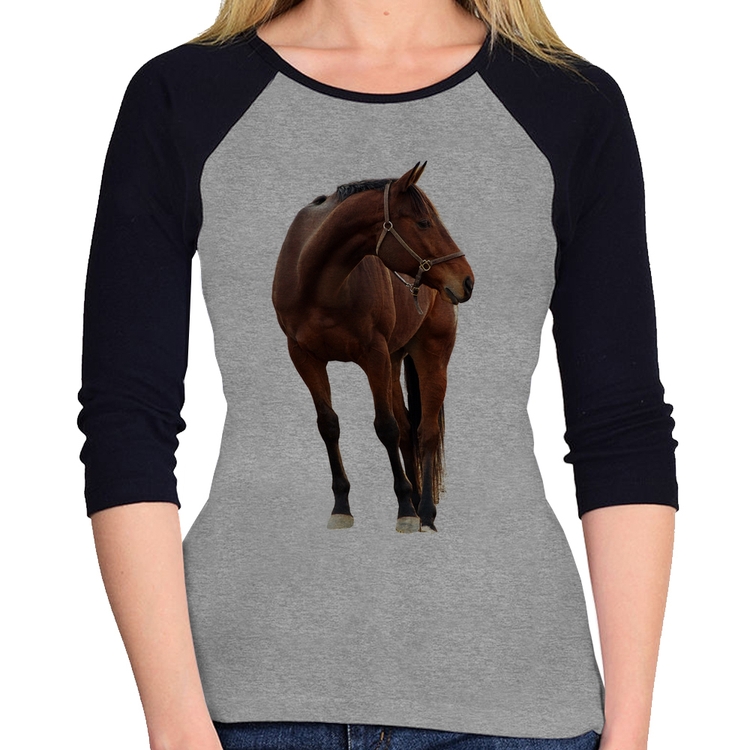 Baby Look Raglan Cavalo Andaluz Manga 3/4 - Cinza/Preto