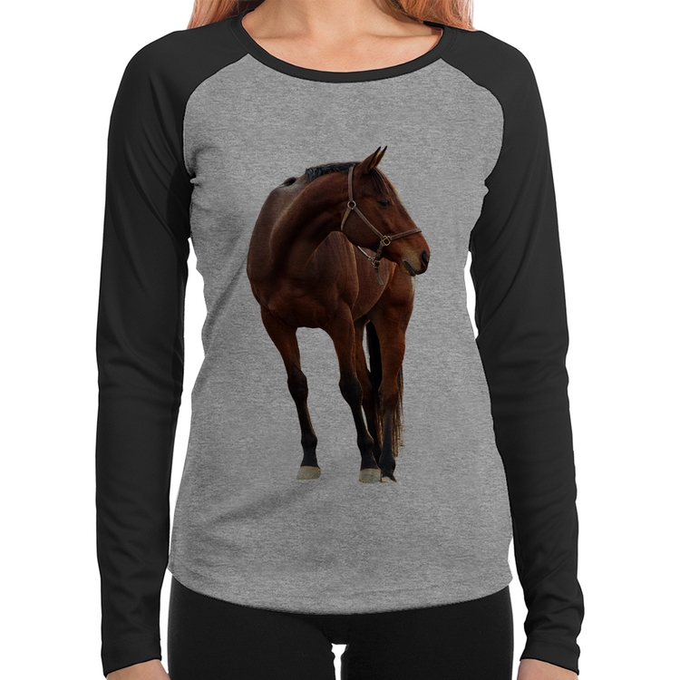 Baby Look Raglan Cavalo Andaluz Manga Longa - Cinza/Preto