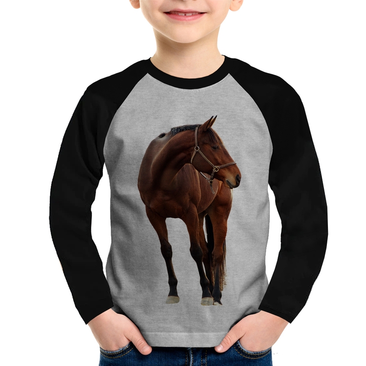 Camiseta Raglan Infantil Cavalo Andaluz Manga Longa - Cinza/Preto