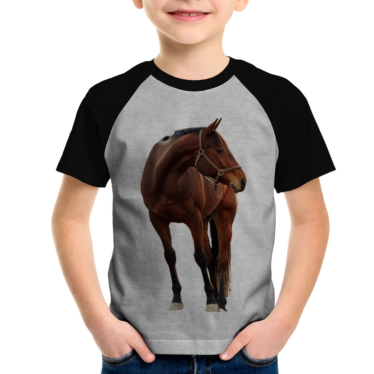 Camiseta Raglan Infantil Cavalo Andaluz - Cinza/Preto