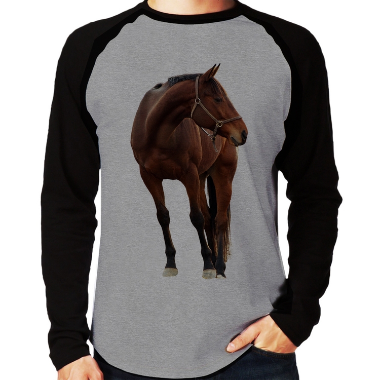 Camiseta Raglan Cavalo Andaluz Manga Longa - Cinza/Preto