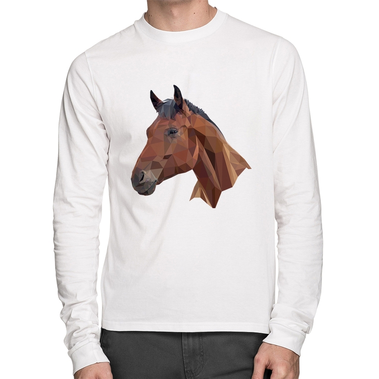 Camiseta Algodão Cavalo Arte Mosaico Manga Longa - Branca