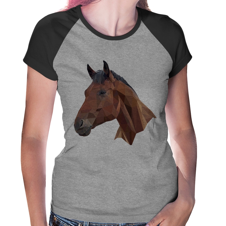 Baby Look Raglan Cavalo Arte Mosaico - Cinza/Preto