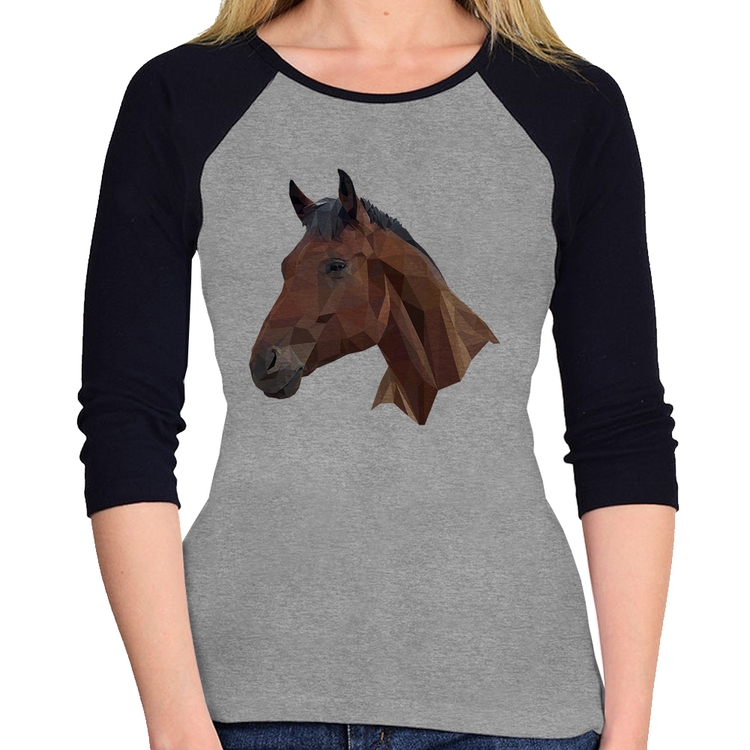 Baby Look Raglan Cavalo Arte Mosaico Manga 3/4 - Cinza/Preto