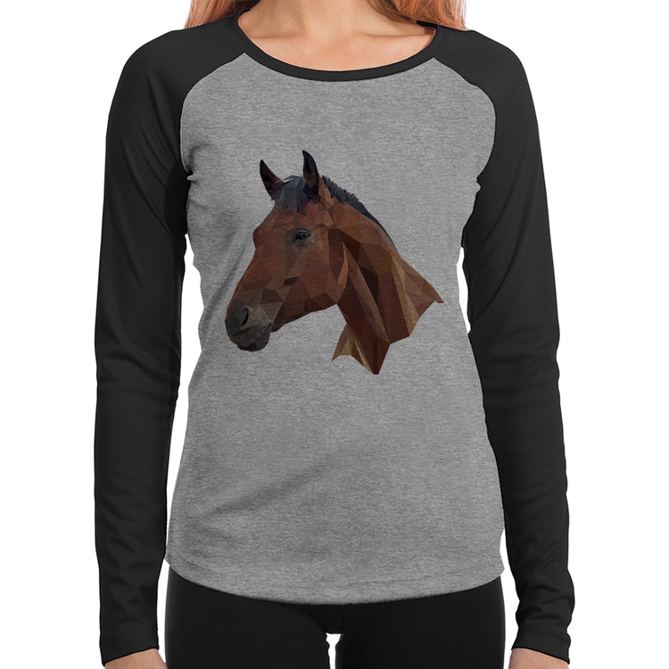 Baby Look Raglan Cavalo Arte Mosaico Manga Longa - Cinza/Preto