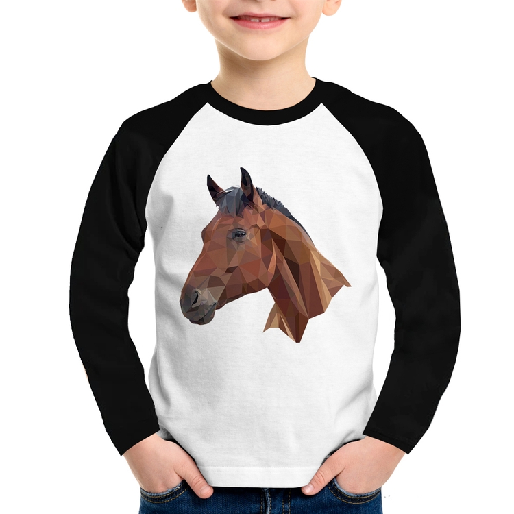 Camiseta Raglan Infantil Cavalo Arte Mosaico Manga Longa