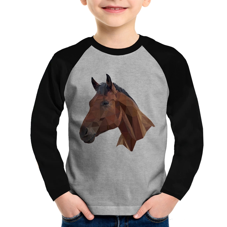 Camiseta Raglan Infantil Cavalo Arte Mosaico Manga Longa - Cinza/Preto