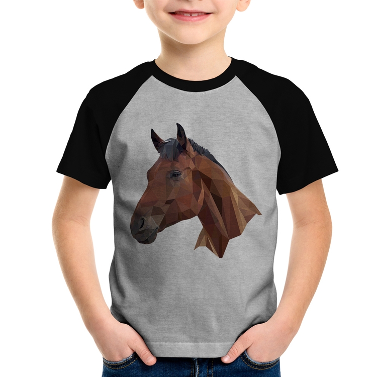 Camiseta Raglan Infantil Cavalo Arte Mosaico - Cinza/Preto