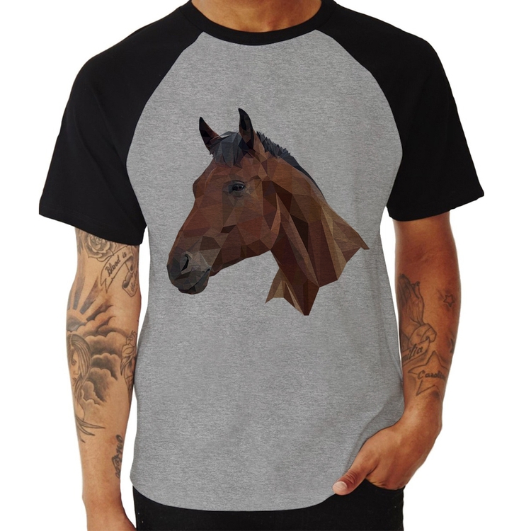 Camiseta Raglan Cavalo Arte Mosaico - Cinza/Preto