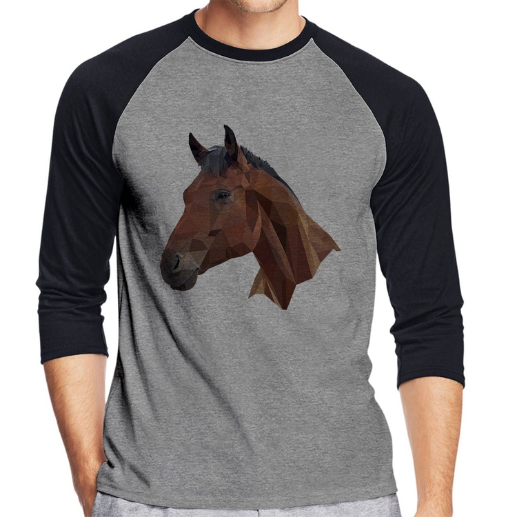 Camiseta Raglan Cavalo Arte Mosaico Manga 3/4 - Cinza/Preto