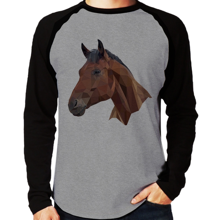 Camiseta Raglan Cavalo Arte Mosaico Manga Longa - Cinza/Preto
