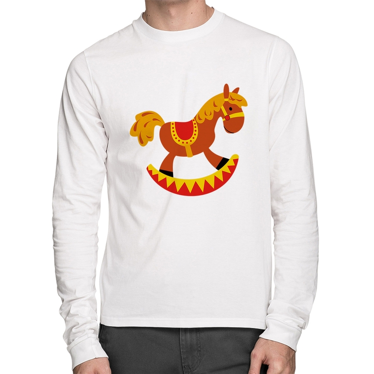 Camiseta Algodão Cavalo Balanço Manga Longa - Branca