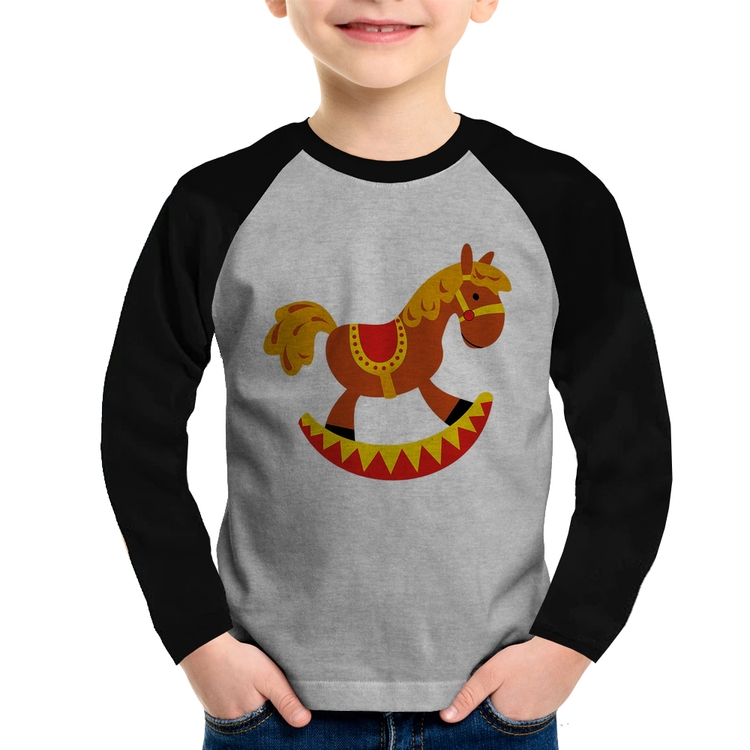 Camiseta Raglan Infantil Cavalo Balanço Manga Longa - Cinza/Preto