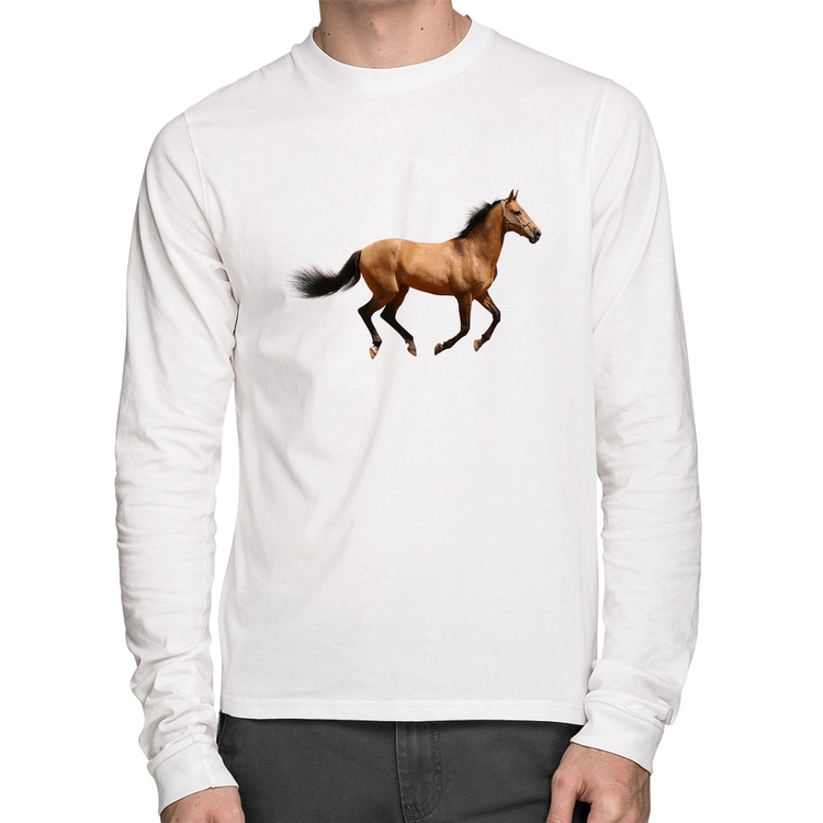 Camiseta Algodão Cavalo Correndo Manga Longa - Branca