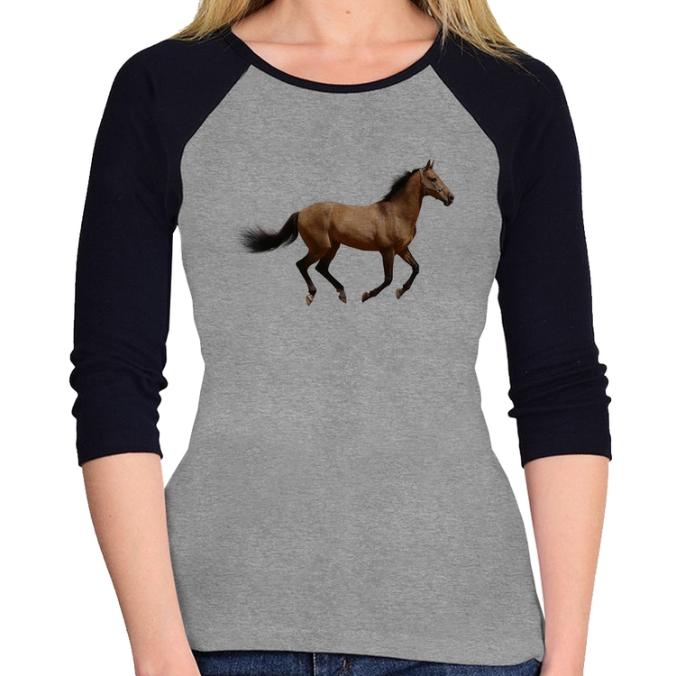 Baby Look Raglan Cavalo Correndo Manga 3/4 - Cinza/Preto