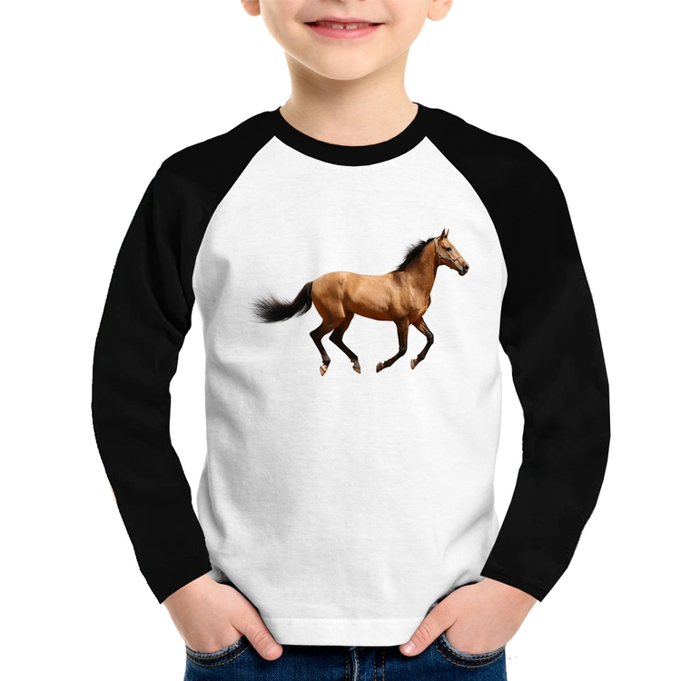 Camiseta Raglan Infantil Cavalo Correndo Manga Longa