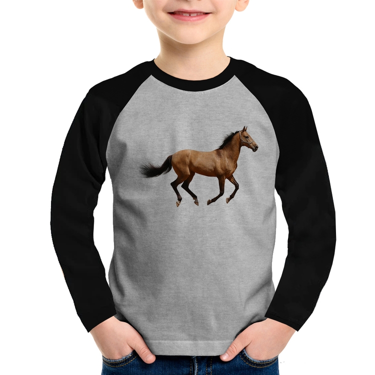Camiseta Raglan Infantil Cavalo Correndo Manga Longa - Cinza/Preto
