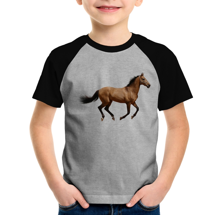 Camiseta Raglan Infantil Cavalo Correndo - Cinza/Preto