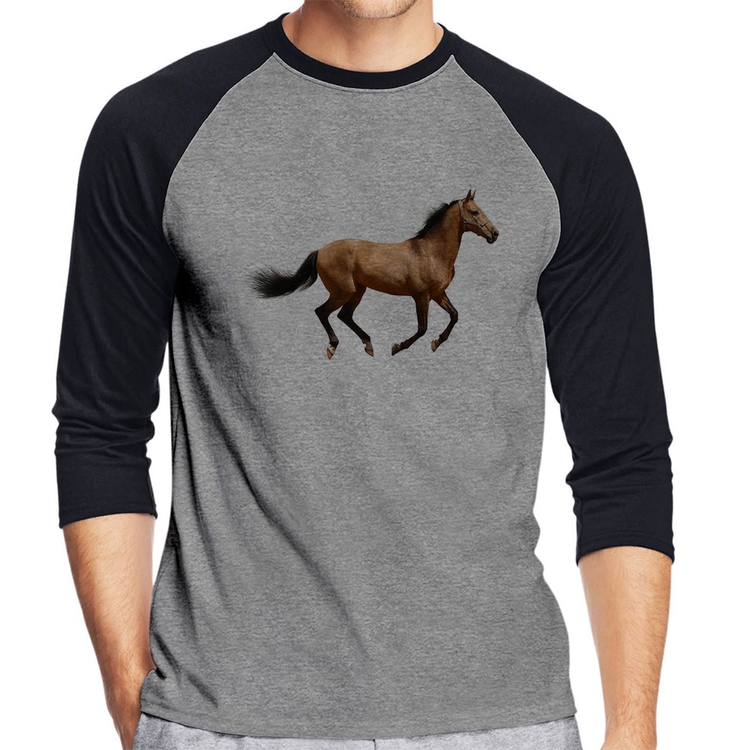 Camiseta Raglan Cavalo Correndo Manga 3/4 - Cinza/Preto