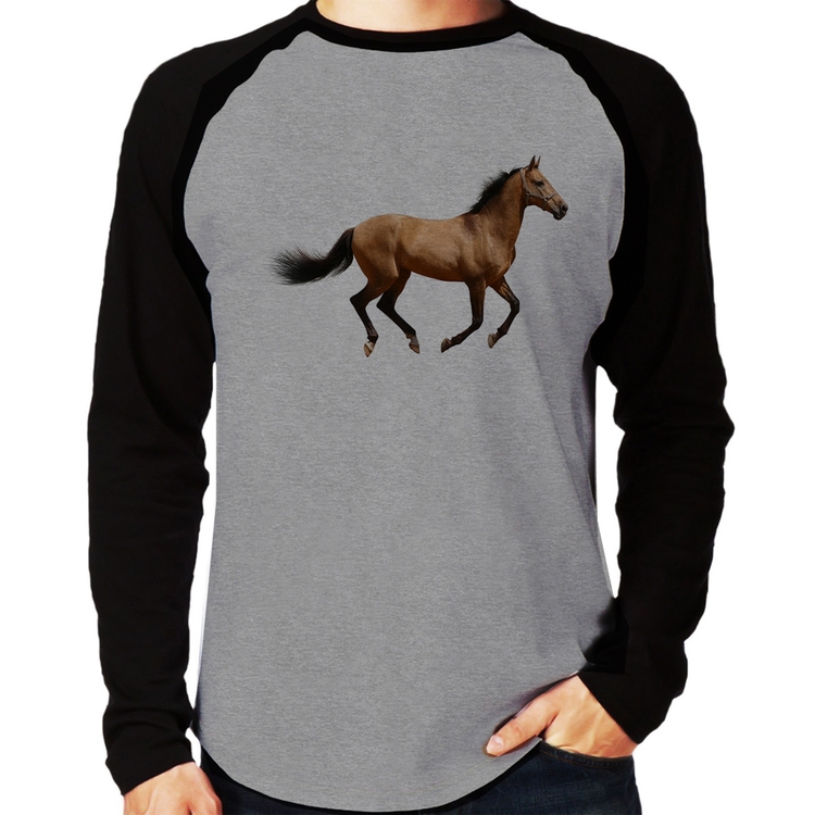 Camiseta Raglan Cavalo Correndo Manga Longa - Cinza/Preto