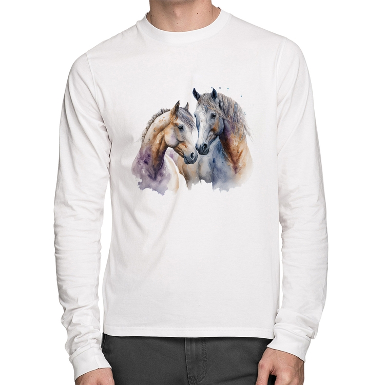 Camiseta Algodão Cavalo e Égua Manga Longa - Branca