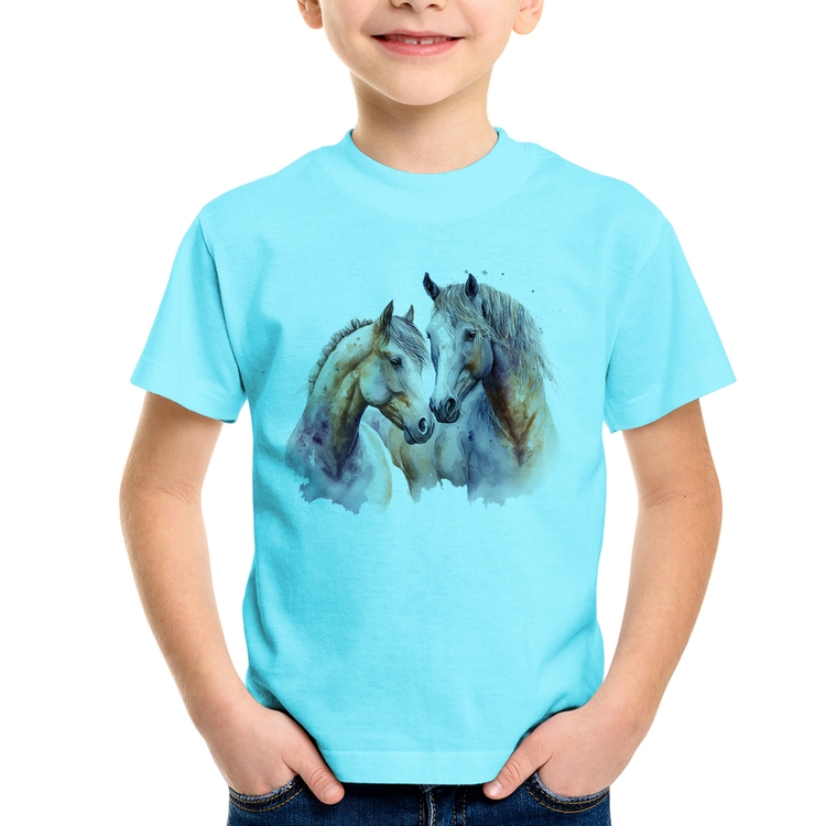 Camiseta Infantil Cavalo e Égua - Azul Claro