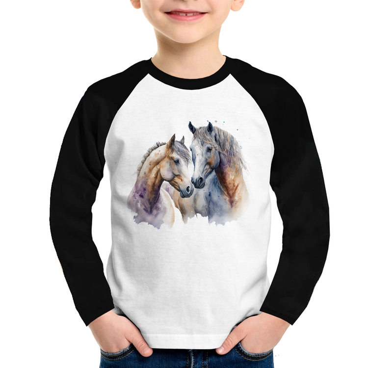 Camiseta Raglan Infantil Cavalo e Égua Manga Longa